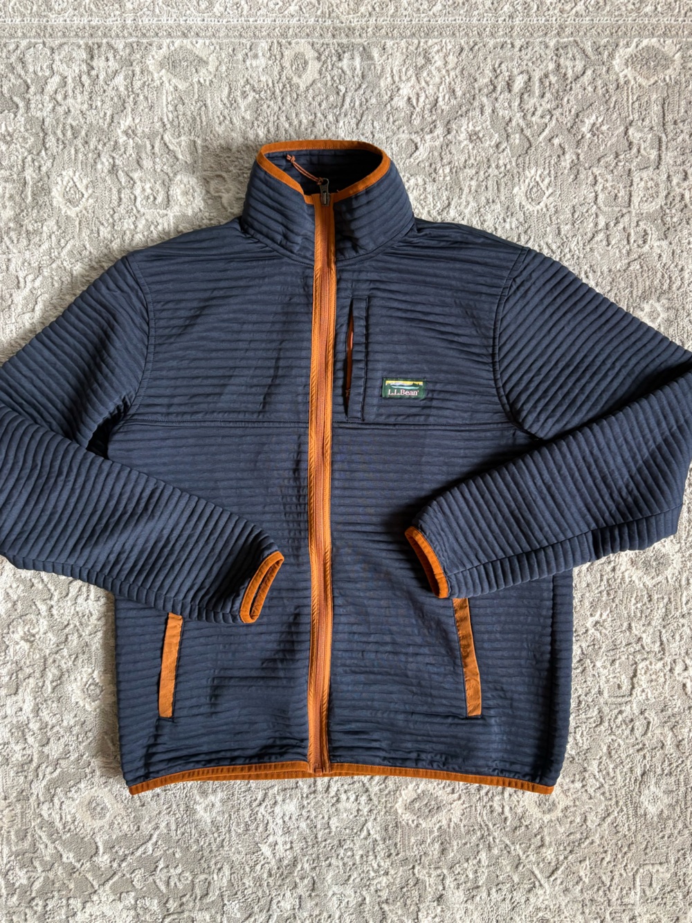 L.L Bean Navy Quilted Fleece Outdoors Zip Up Jacket with Orange Trim